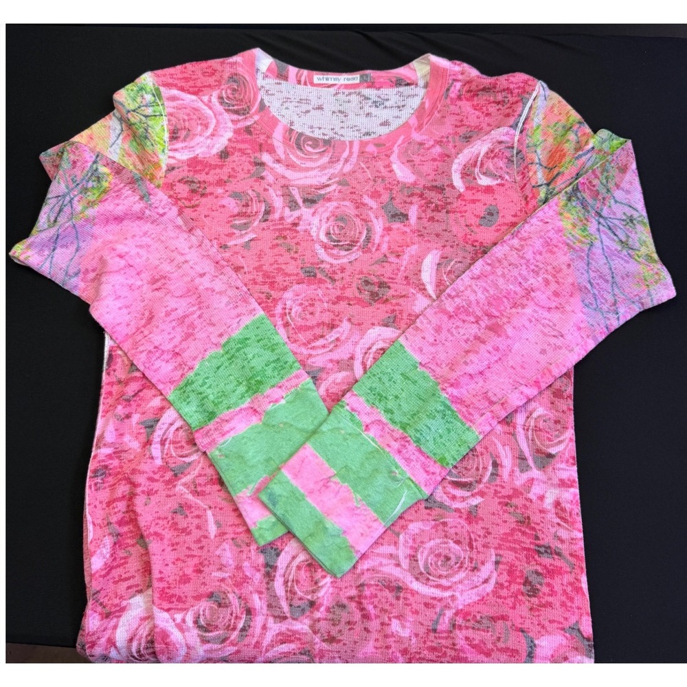 Whimsy Rose Pink Floral Knit Top Waffle Large Botanical Long Sleeve Cottagecore - Picture 7 of 13